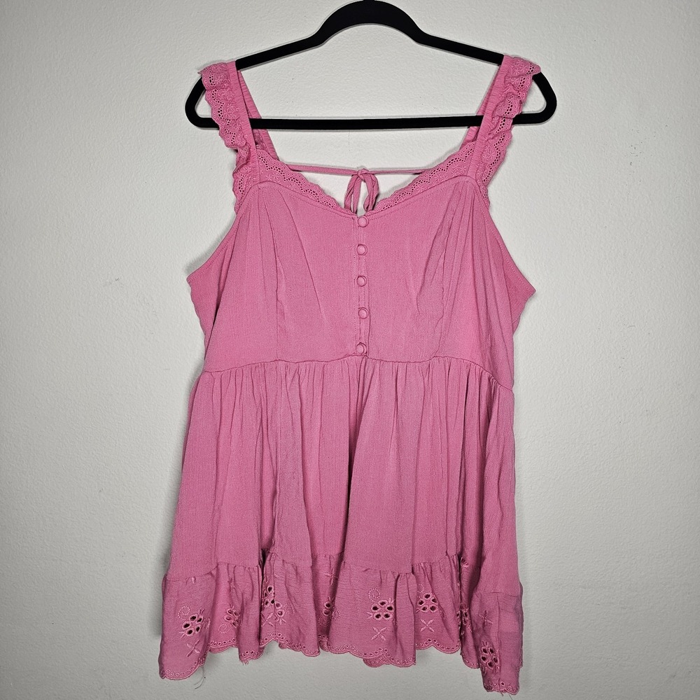 Torrid Womens 2X Pink Eyelet Edge‎  V-Neck Ruffle Tank Top Romantic Embroidered
